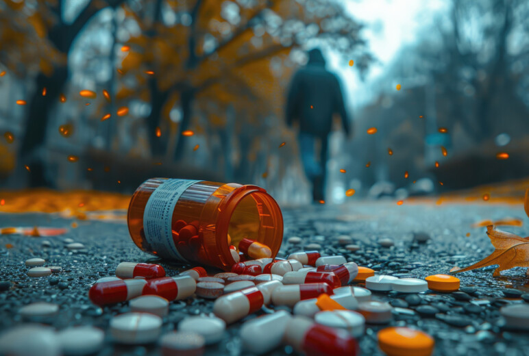 Ein umgekipptes Pillenglas liegt auf einem Fußgängerweg, die Tabletten sind verstreut. Daneben liegt ein herbstliches Blatt, während kleine, rot-leuchtende Punkte über den Pillen schweben. Im Hintergrund geht ein Mann davon, während Bäume den Weg säumen und rote Blätter am Rand verstreut liegen.