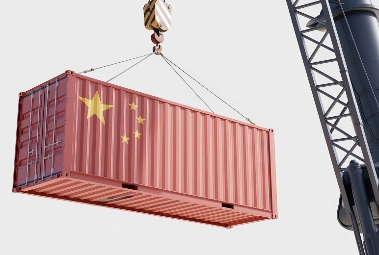 Ein roter Frachtcontainer mit der chinesischen Flagge wird von einem Kran mit Stahlseilen angehoben.