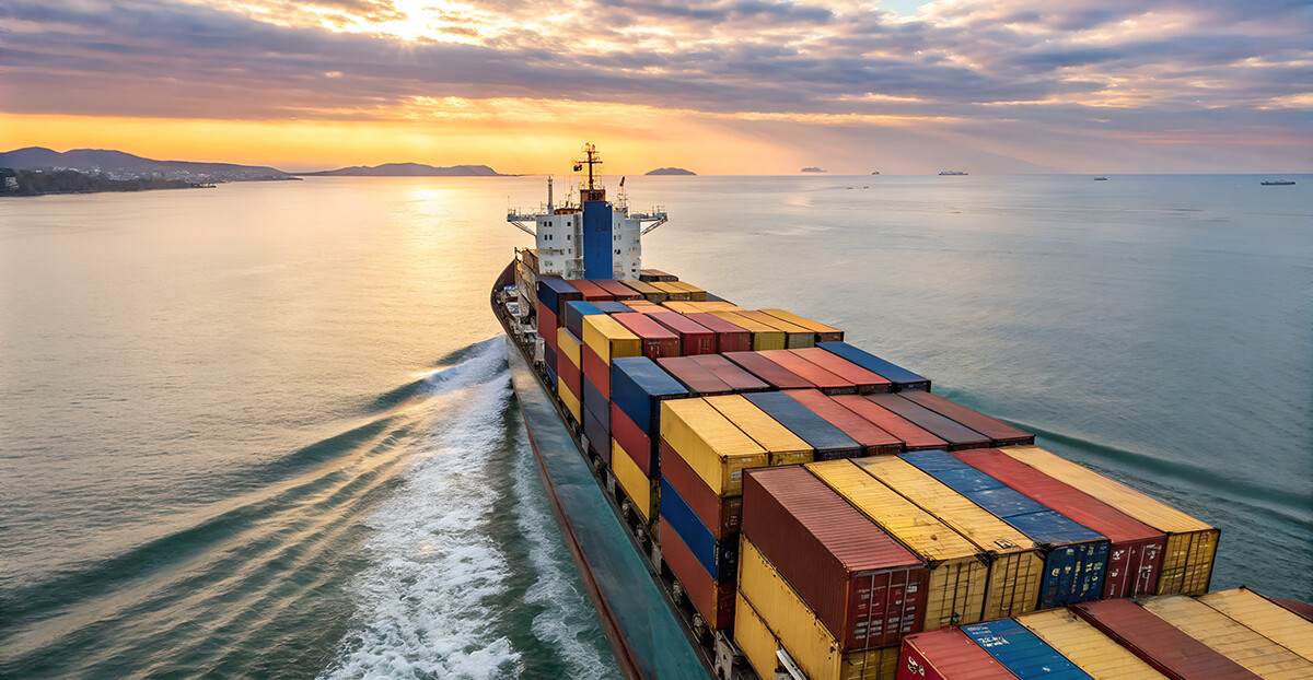 Ein Containerschiff fährt eine Küste entlang.