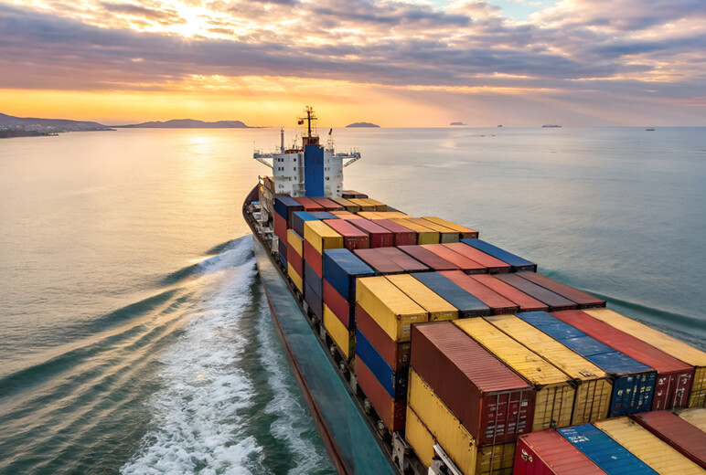 Ein Containerschiff fährt eine Küste entlang.