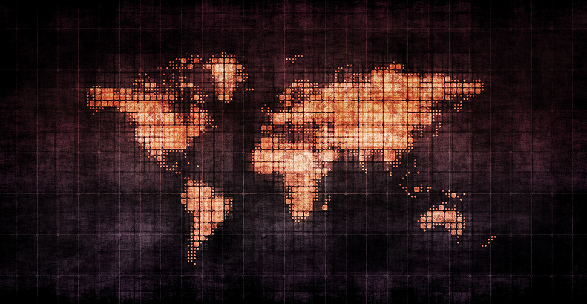Weltkarte aus gelb-orangenen Punkten auf schwarzem Hintergrund.